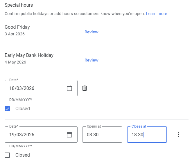 Specialty hours